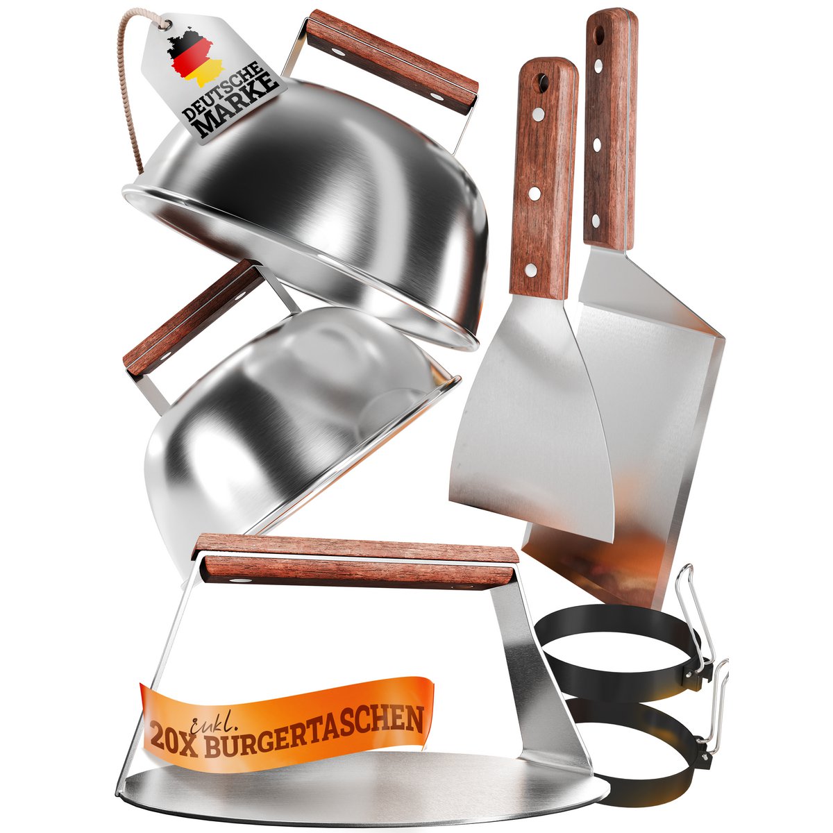 Smash Burger Master Set XXL [9-PC.] Roestvrij staal met Acacia-houten handgrepen voor plancha, grillplaat, gasrooster en vuurplaat