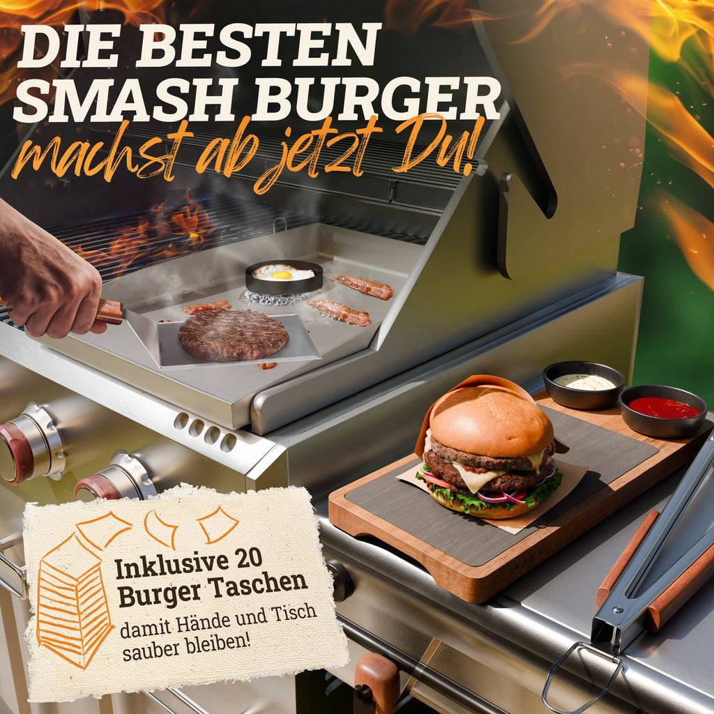 Burger Bells Set [3-pc.] Voor smashburgers gemaakt van roestvrijstalen en acacia houten handgrepen voor plancha, grillplaat, gasgrill en vuurplaat