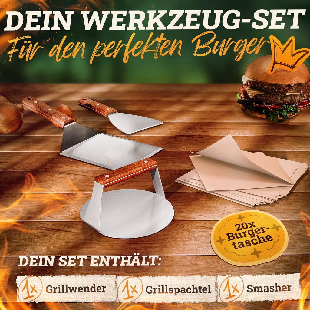 Burger Smashher & Grill Spatula Set [4-PC.] Roestvrij staal met Acacia Wood Handgreep voor Plancha, Grill-plaat, gasrooster en vuurplaat