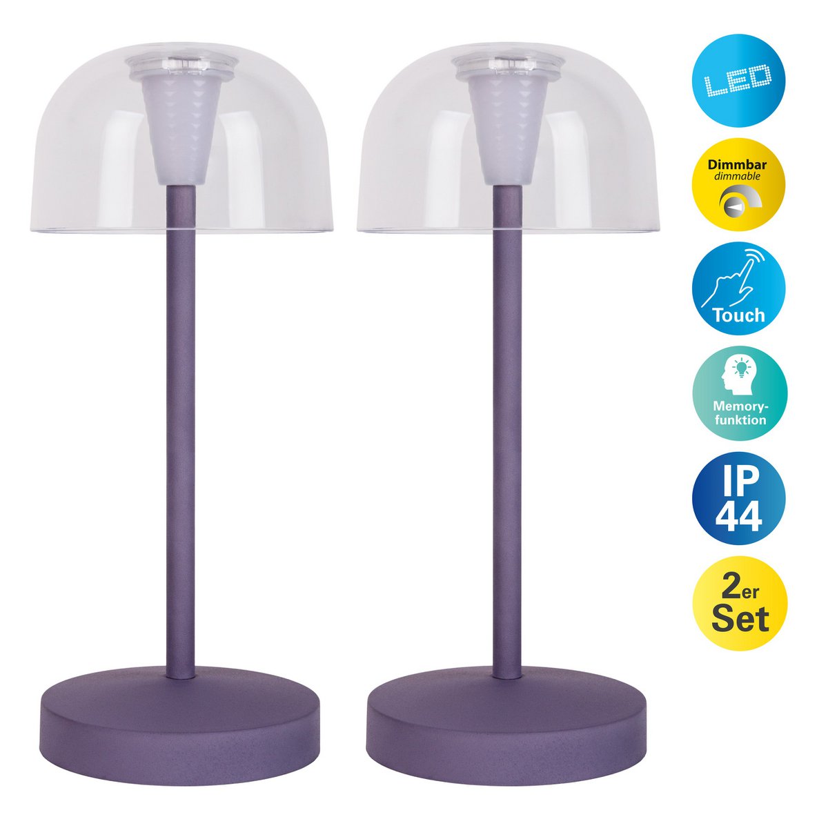 2-ex-ingestelde LED-batterijtafel Licht "Gomba" voor buiten en binnen, gemaakt van metaal en plastic in bramen, 18,5 cm hoog
