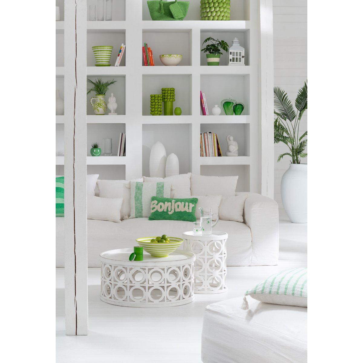 J-Line Kussen Bonjour Getuft Katoen Groen/Wit