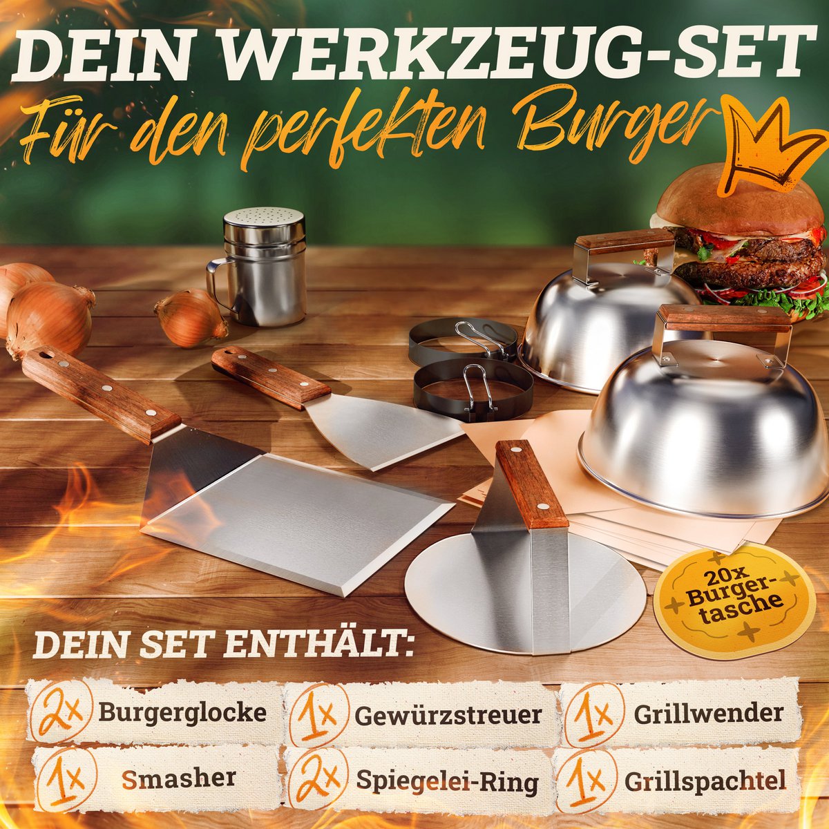 Smash Burger Master Set XXL [9-PC.] Roestvrij staal met Acacia-houten handgrepen voor plancha, grillplaat, gasrooster en vuurplaat