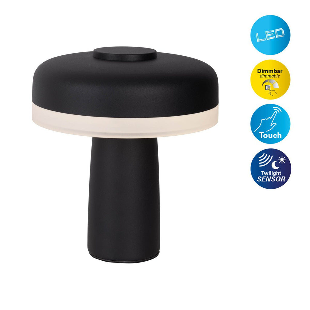 Draadloos tabletlicht "pilu", 16,5 cm hoog, boven Ø van 15 cm, metaal in zwart, wit plastic, geïntegreerde LED's, 280 lumen, dimbaar door aanraaksensor, warm wit wit