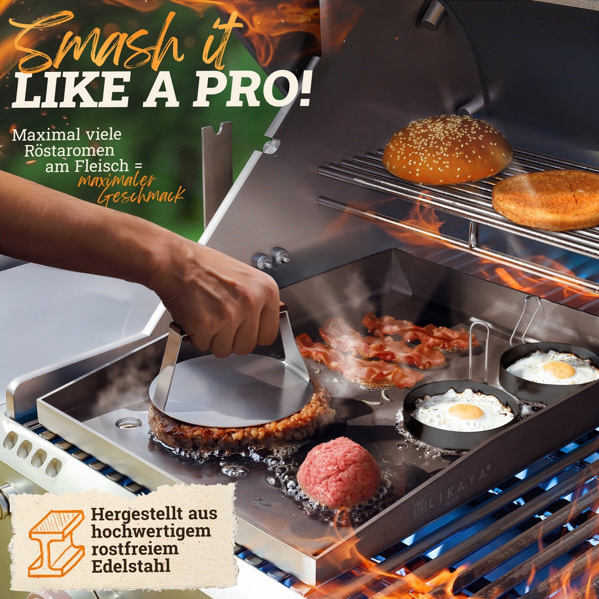 Smash Burger Master Set XXL [9-PC.] Roestvrij staal met Acacia-houten handgrepen voor plancha, grillplaat, gasrooster en vuurplaat