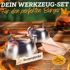 Burger Bells Set [3-pc.] Voor smashburgers gemaakt van roestvrijstalen en acacia houten handgrepen voor plancha, grillplaat, gasgrill en vuurplaat