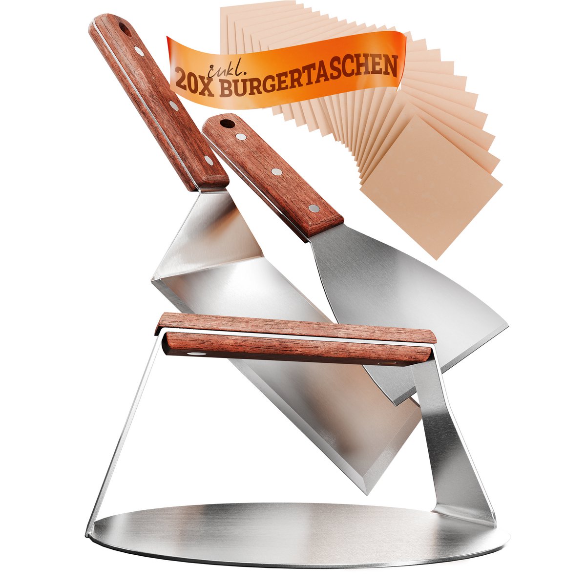 Burger Smashher & Grill Spatula Set [4-PC.] Roestvrij staal met Acacia Wood Handgreep voor Plancha, Grill-plaat, gasrooster en vuurplaat